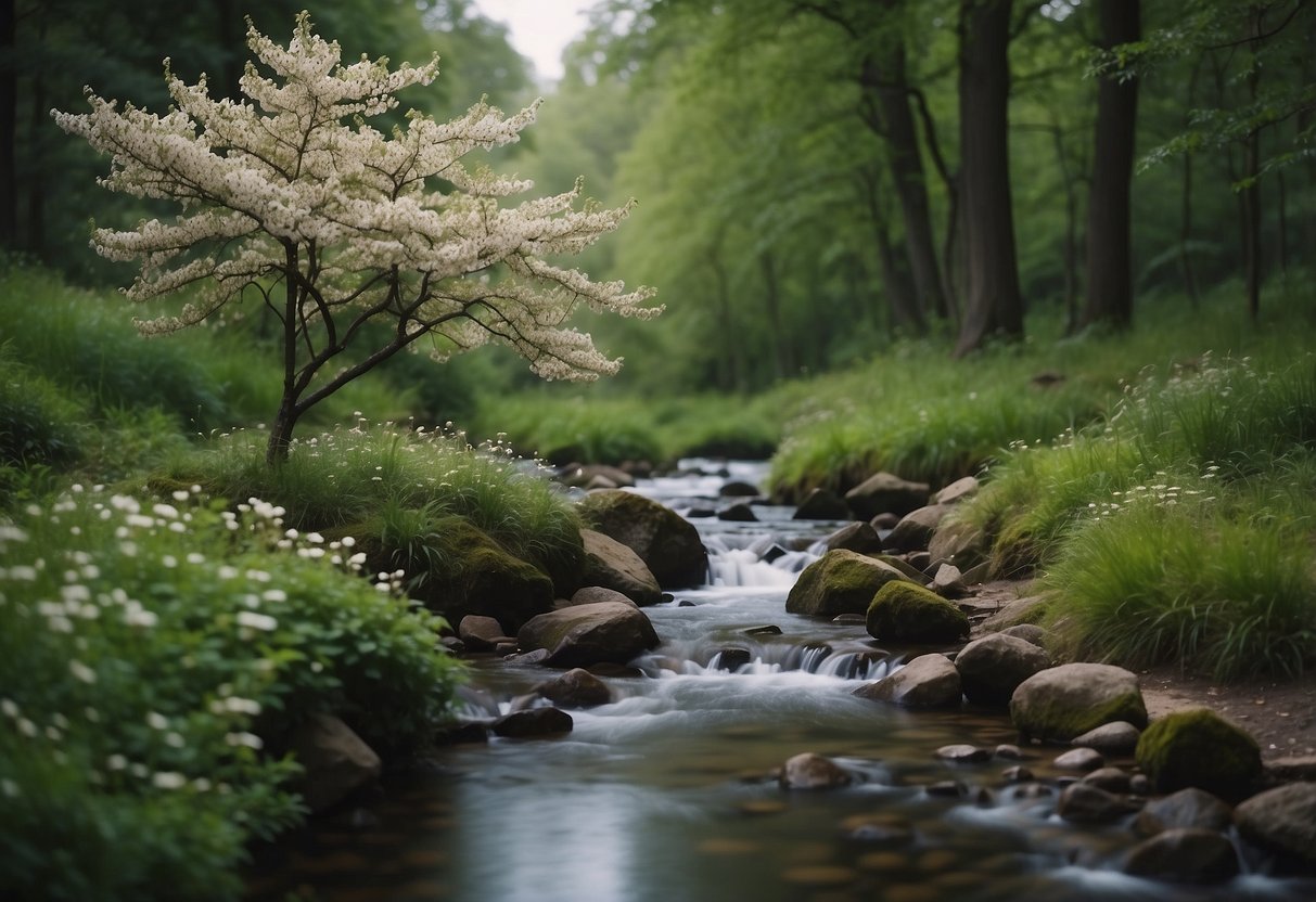 Eine friedliche Naturszene mit einem Baum, blühenden Blumen und einem sanften Bach, die ein Gefühl der Ruhe und Selbstakzeptanz hervorruft