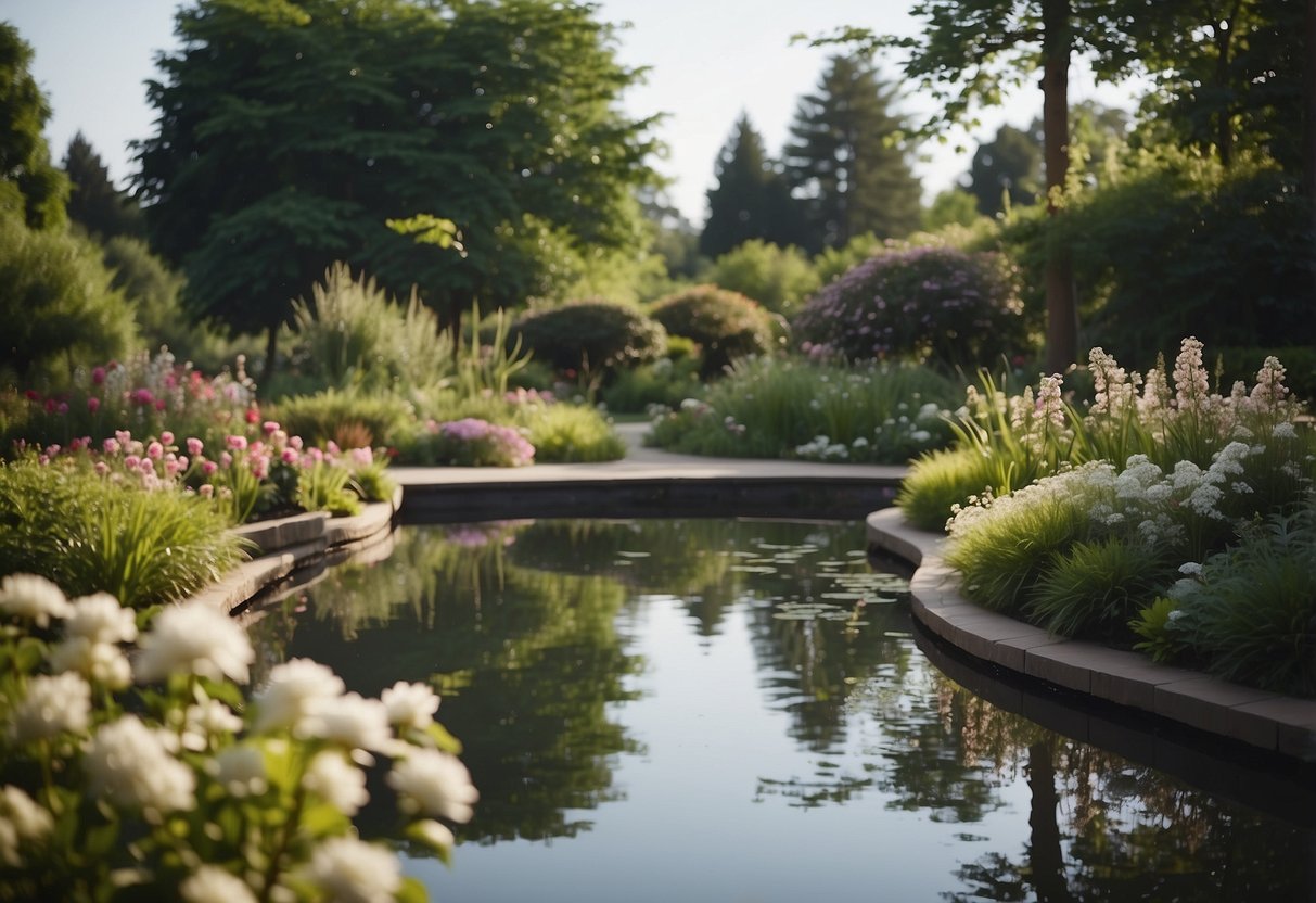 Ein ruhiger Garten mit blühenden Blumen und einem ruhigen Teich, umgeben von üppigem Grün und einer sanften Brise