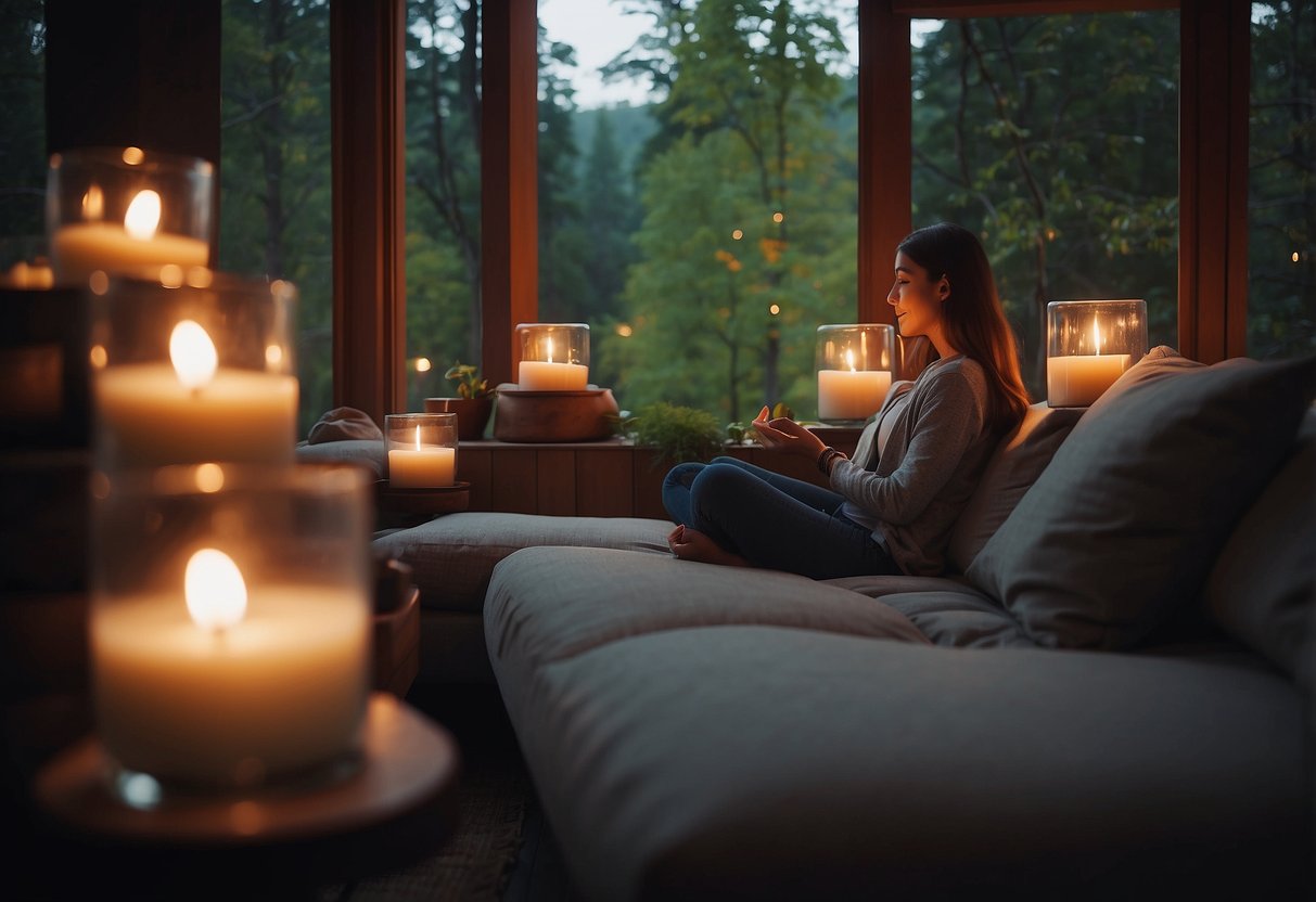 Ein ruhiger, von Kerzen beleuchteter Raum mit Kissen und sanfter Beleuchtung. Eine Person sitzt in Meditation, umgeben von Naturgeräuschen und beruhigender Musik