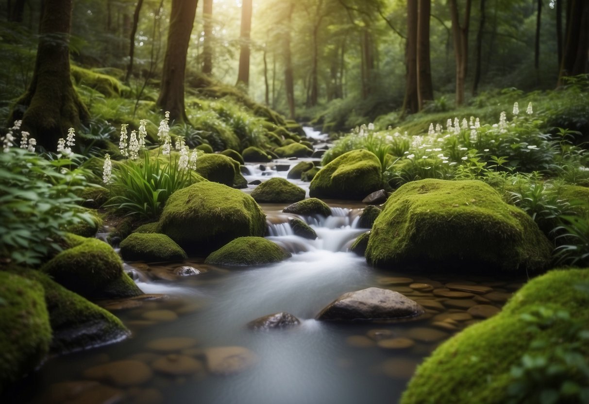 Ein ruhiger Wald mit zwitschernden Vögeln, raschelnden Blättern und einem sanft fließenden Bach, umgeben von üppigem Grün und leuchtenden Blumen