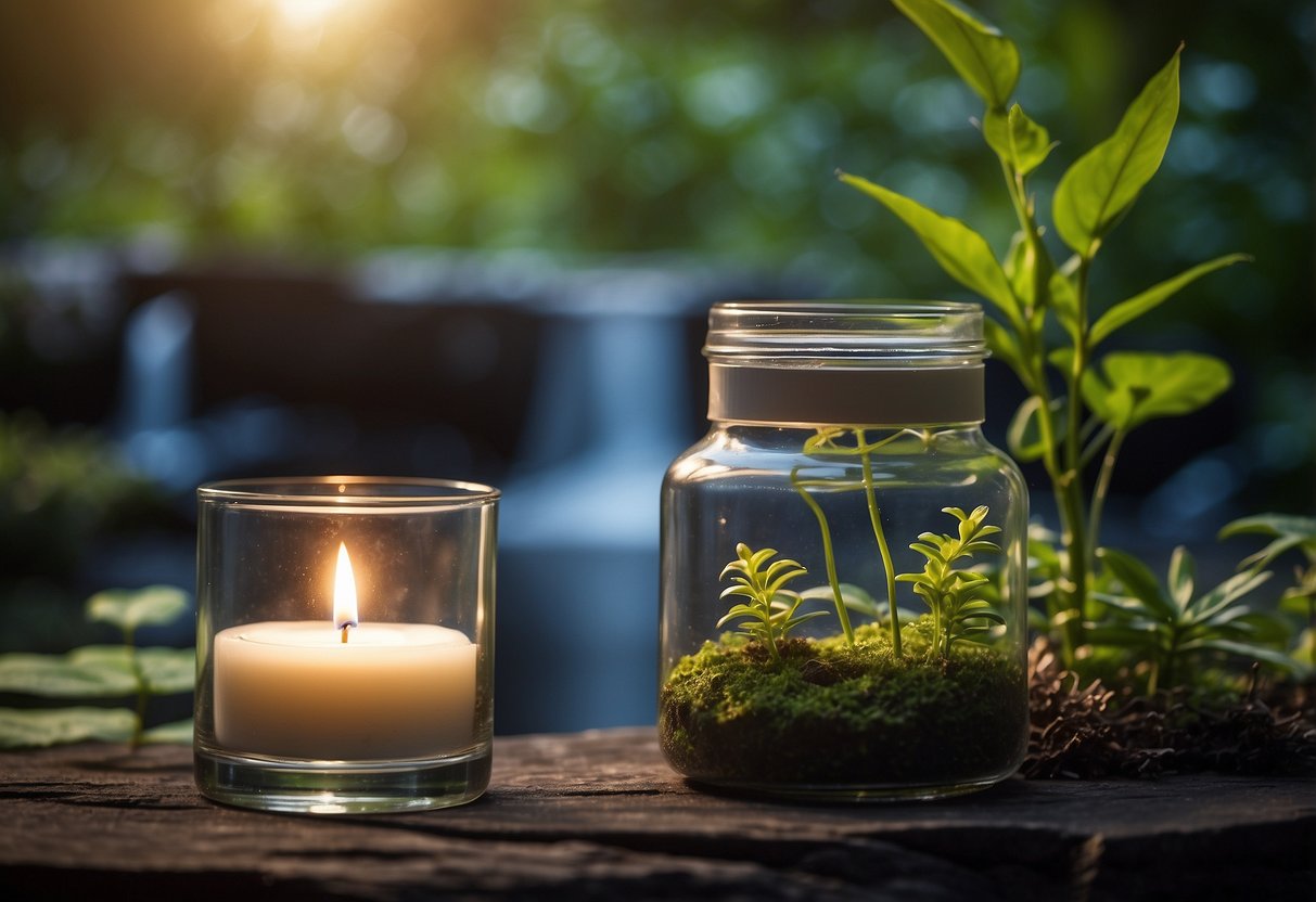 Eine ruhige, ruhige Umgebung mit sanftem Licht und natürlichen Elementen wie Pflanzen und Wasser, die eine friedliche Atmosphäre für Meditation und Stressabbau schaffen