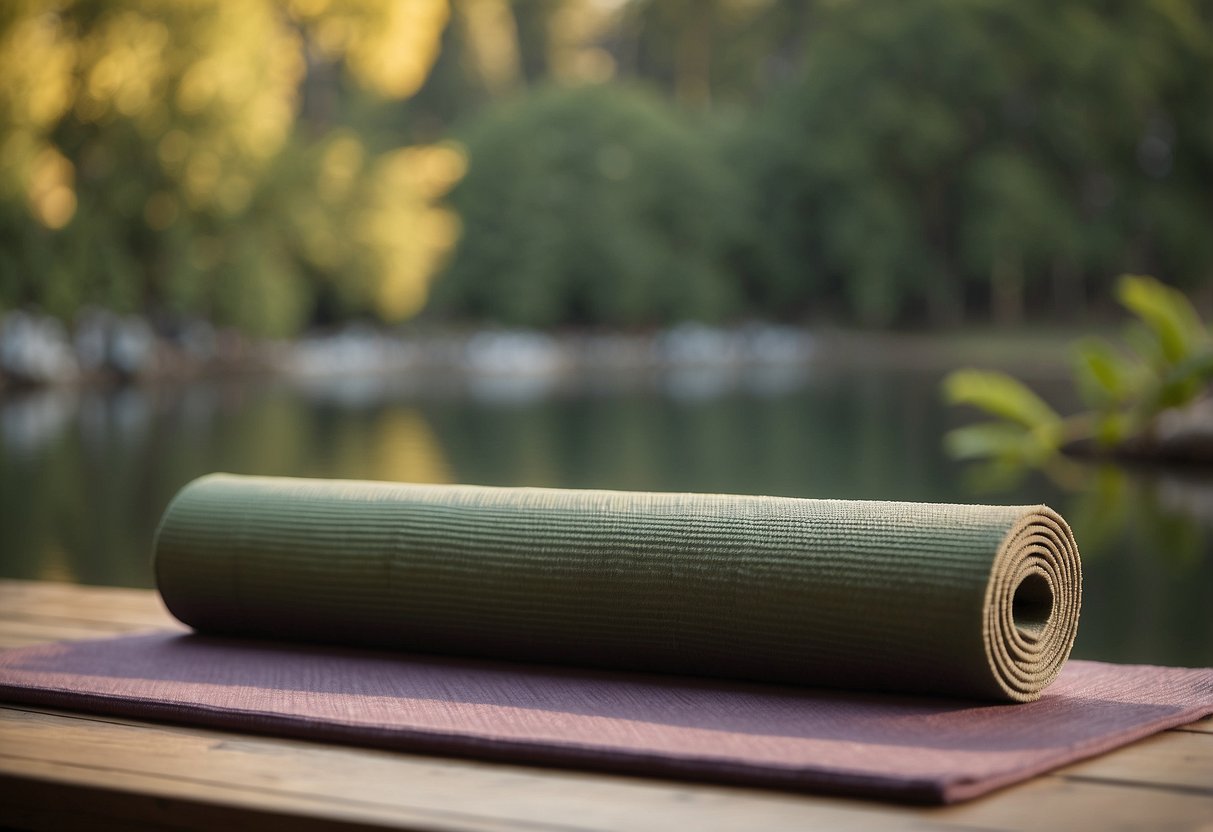 Eine ruhige Umgebung mit einer ruhigen, natürlichen Kulisse. Eine Yogamatte mit verschiedenen Posen. Ruhiges Ambiente mit sanfter Beleuchtung und beruhigenden Farben