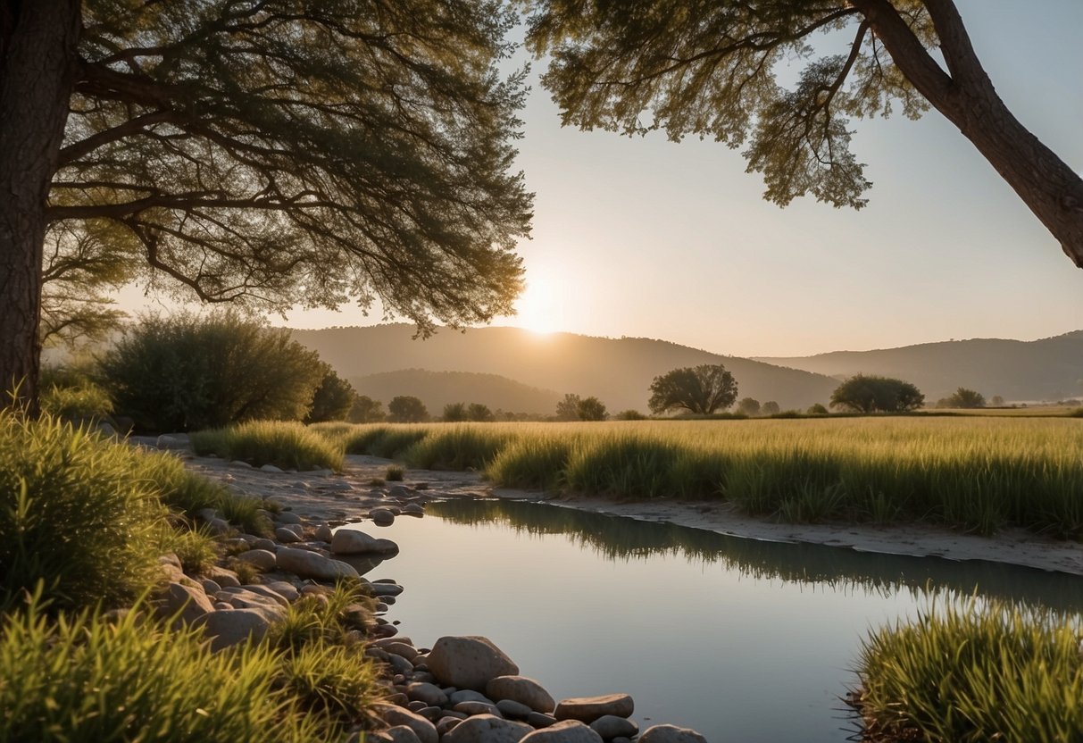 Ein ruhiger Rahmen mit 15 verschiedenen Methoden zum Stressabbau, darunter Meditation, Bewegung und Spaziergänge in der Natur. Ruhige Farben und natürliche Elemente schaffen eine friedliche Atmosphäre