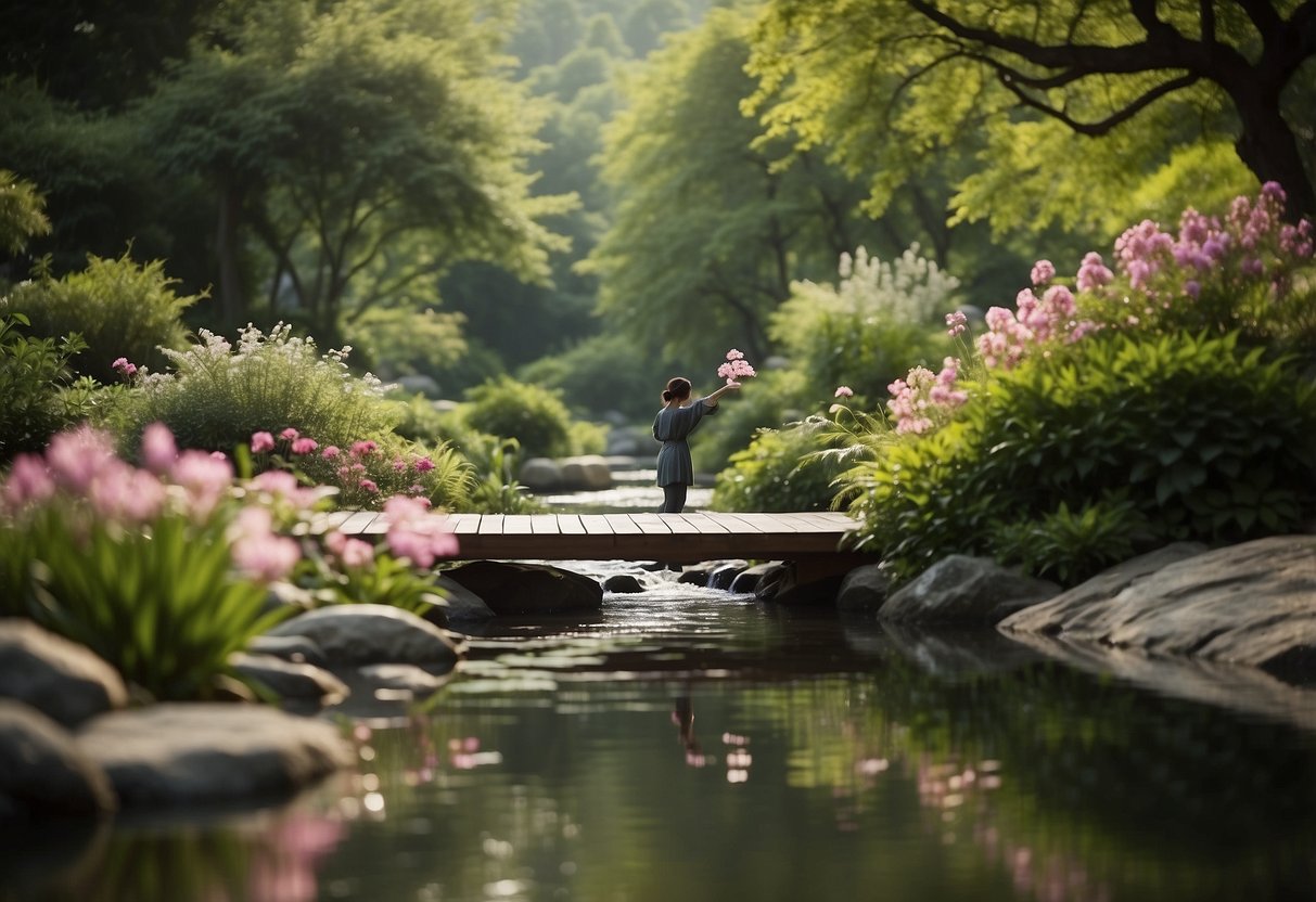 Ein ruhiger Garten mit einem fließenden Bach, umgeben von üppigem Grün und blühenden Blumen. In der Mitte eine Figur, die Qi Gong übt, mit einem Gefühl der Ruhe und Konzentration