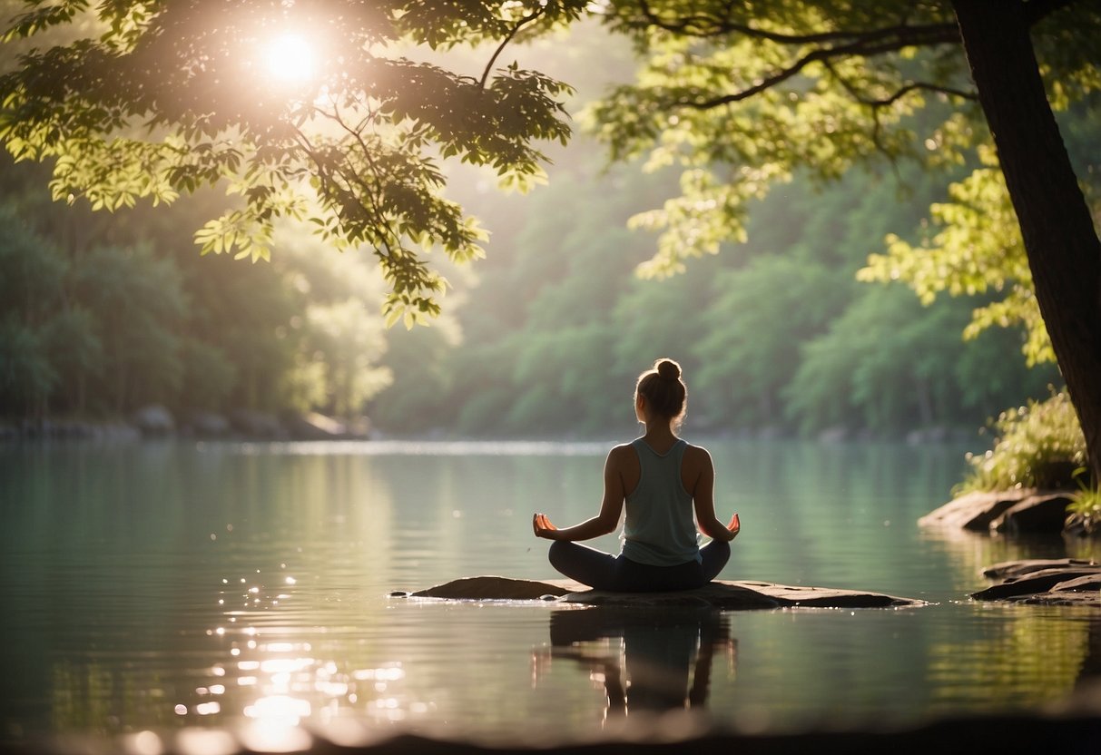 Eine ruhige natürliche Umgebung mit einer Person, die meditiert oder Yoga praktiziert, umgeben von beruhigenden Elementen wie Wasser, Bäumen und sanftem Sonnenlicht