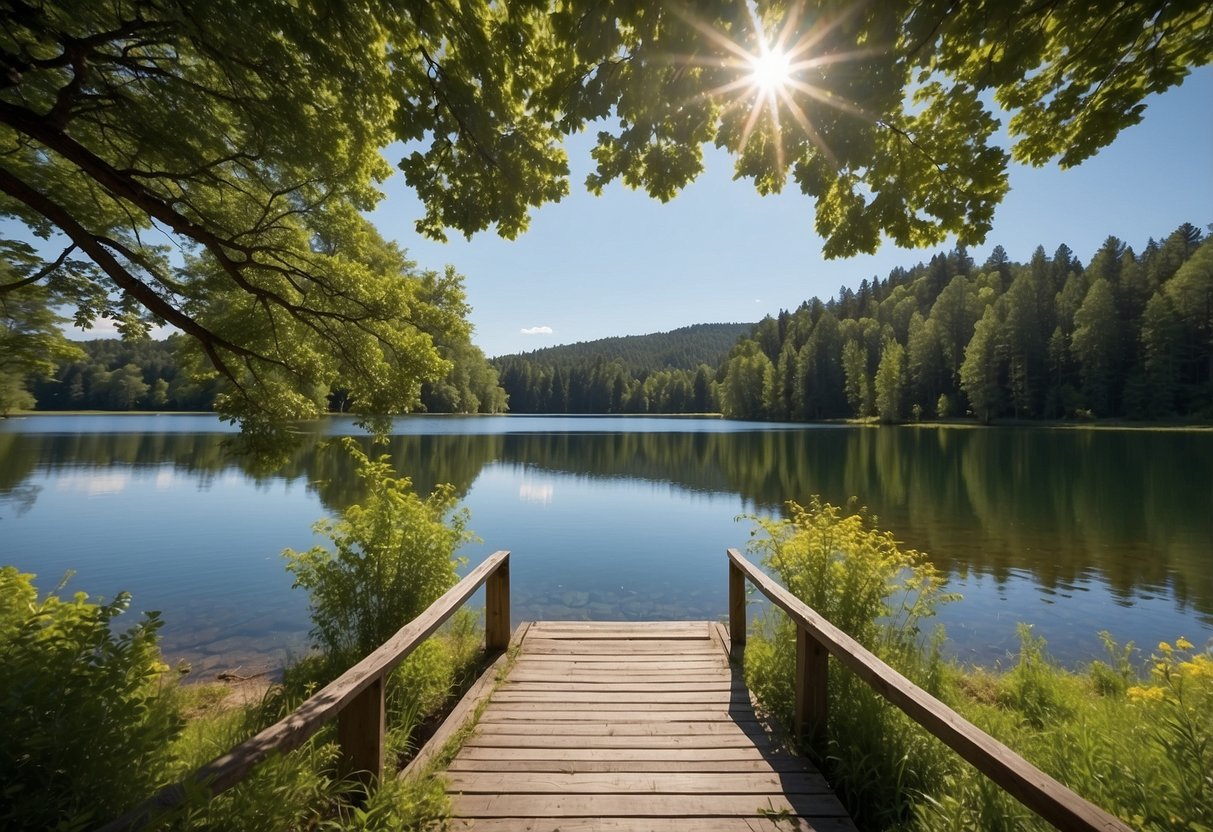 A peaceful scene in nature with a tranquil lake, lush green trees, and a clear blue sky, emphasizing the importance of relaxation and rejuvenation in natural surroundings