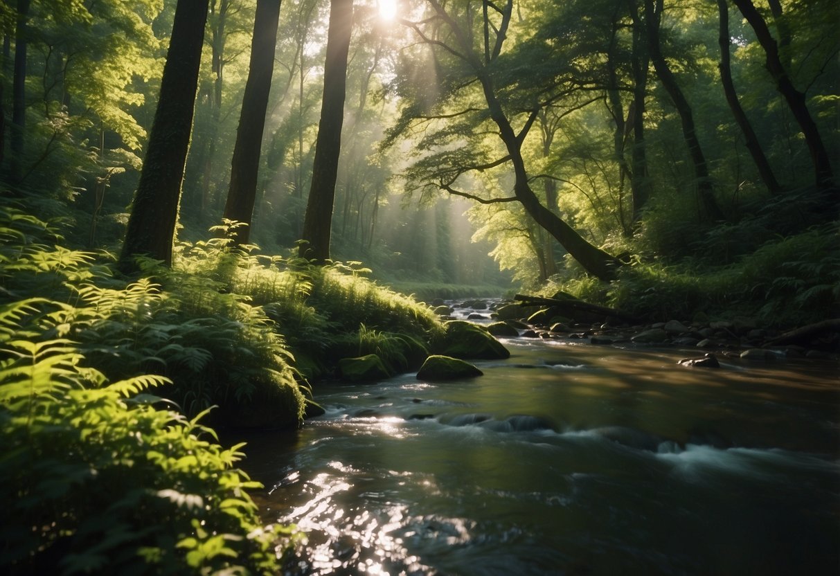 Lush green forest with a tranquil river, birds singing, and sunlight filtering through the trees