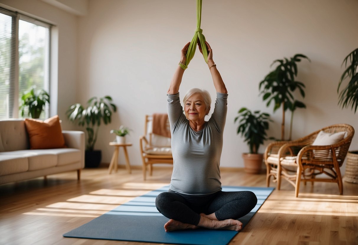 An older adult performing isometric exercises using resistance bands, a chair, and a yoga mat in a well-lit room