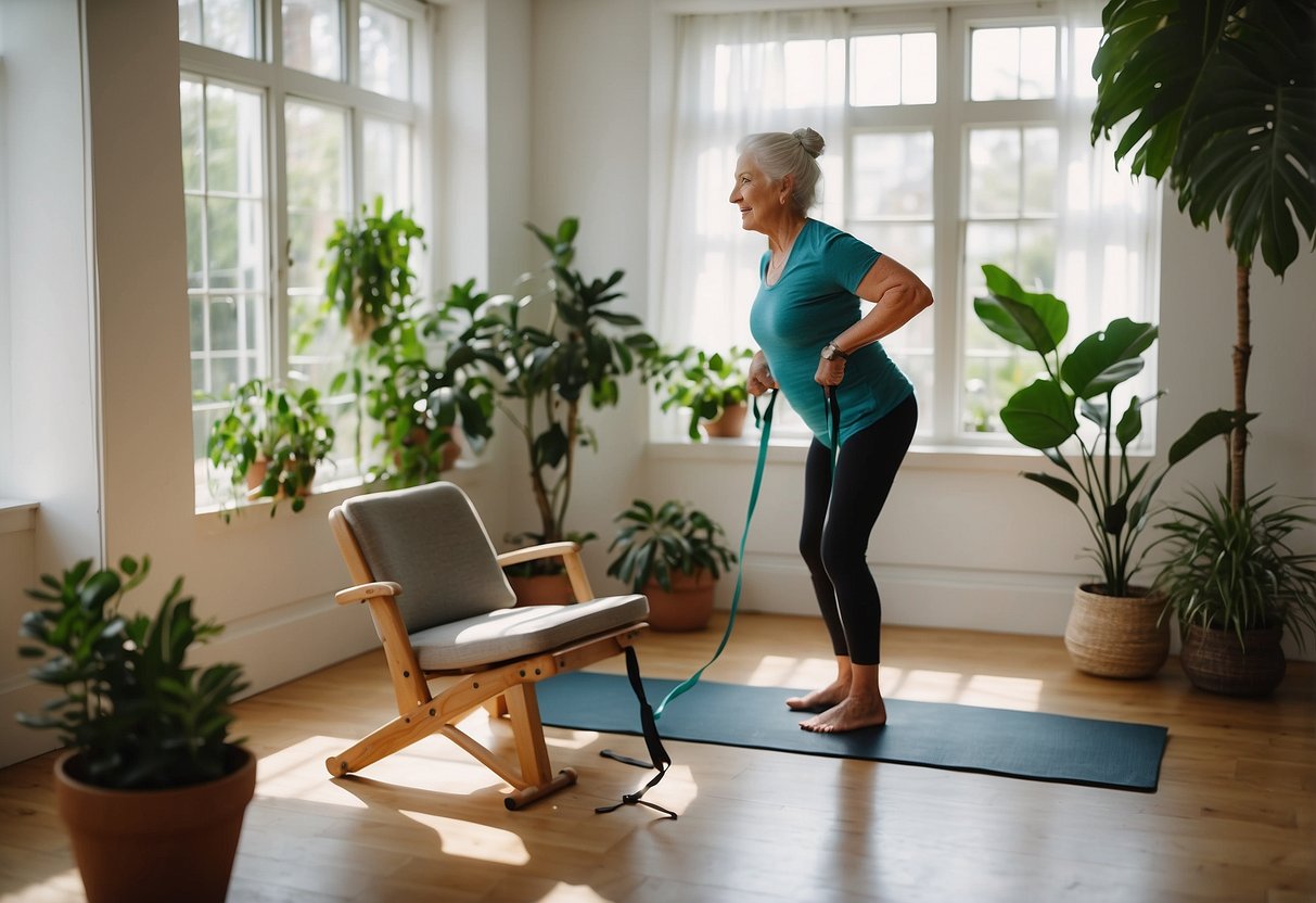 An older adult performing isometric exercises using resistance bands, a chair, and a yoga mat in a well-lit room with plants and a calm atmosphere