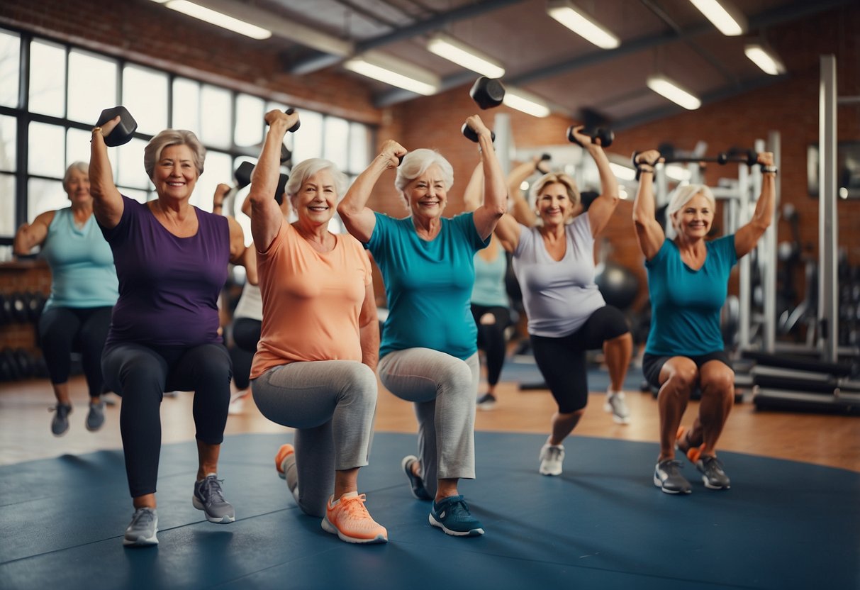 A group of older adults performing isometric exercises in a gym, showcasing improved strength, balance, and muscle tone