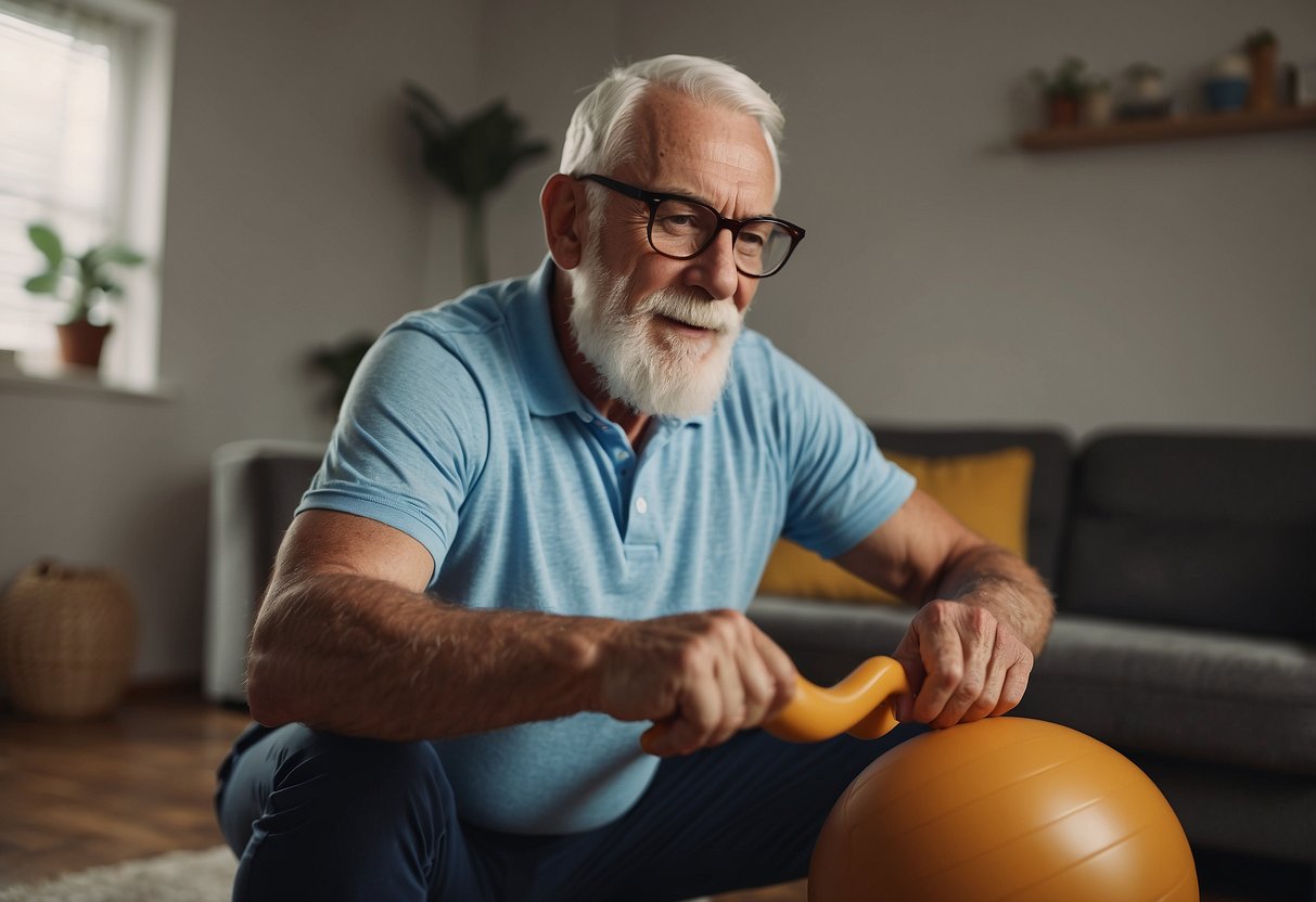 An older adult easily performs isometric exercises at home, using simple household items as resistance. The exercises are gentle and effective, promoting strength and flexibility