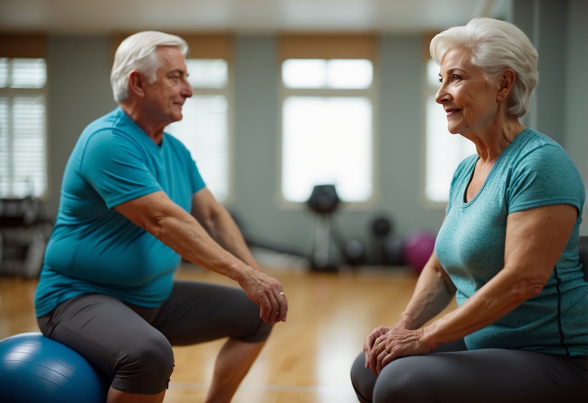 An older adult engages in isometric exercises, focusing on muscle contractions and deep breathing. They experience improved cognitive function and reduced stress