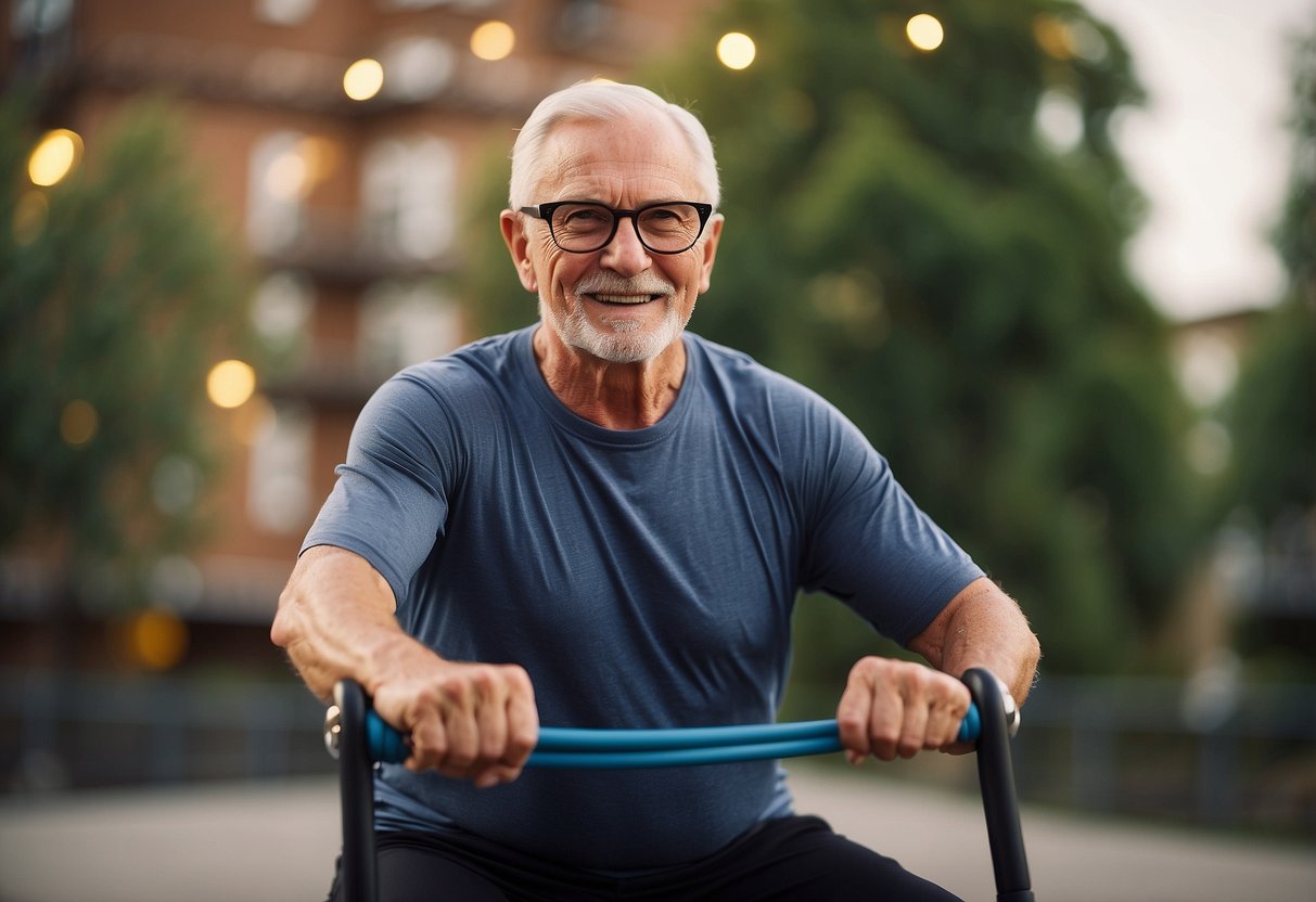 An older adult performing isometric exercises using resistance bands and a chair for support, with a focus on strength and stability