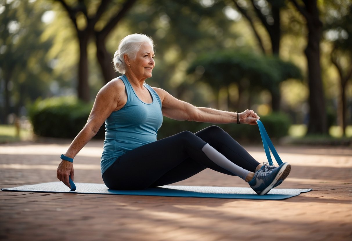 A senior using resistance bands to perform isometric exercises, with a chair for support. A yoga mat and water bottle are nearby