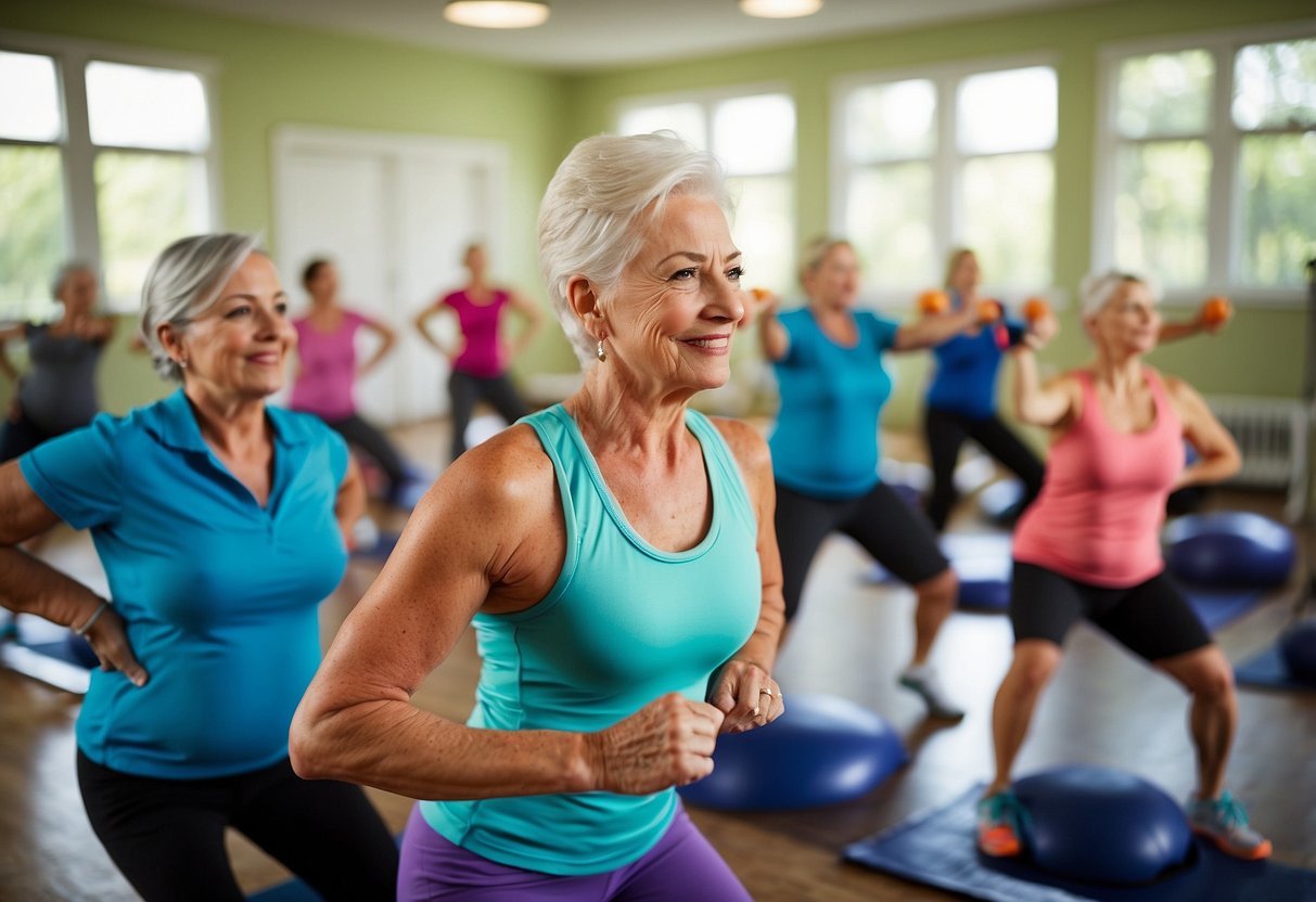 A senior fitness class with isometric exercises. Equipment like resistance bands and stability balls are used. Safety precautions are emphasized