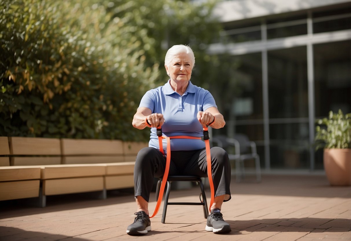 A senior using resistance bands in an isometric workout, with a chair for support. The exercises focus on holding positions to build strength and stability