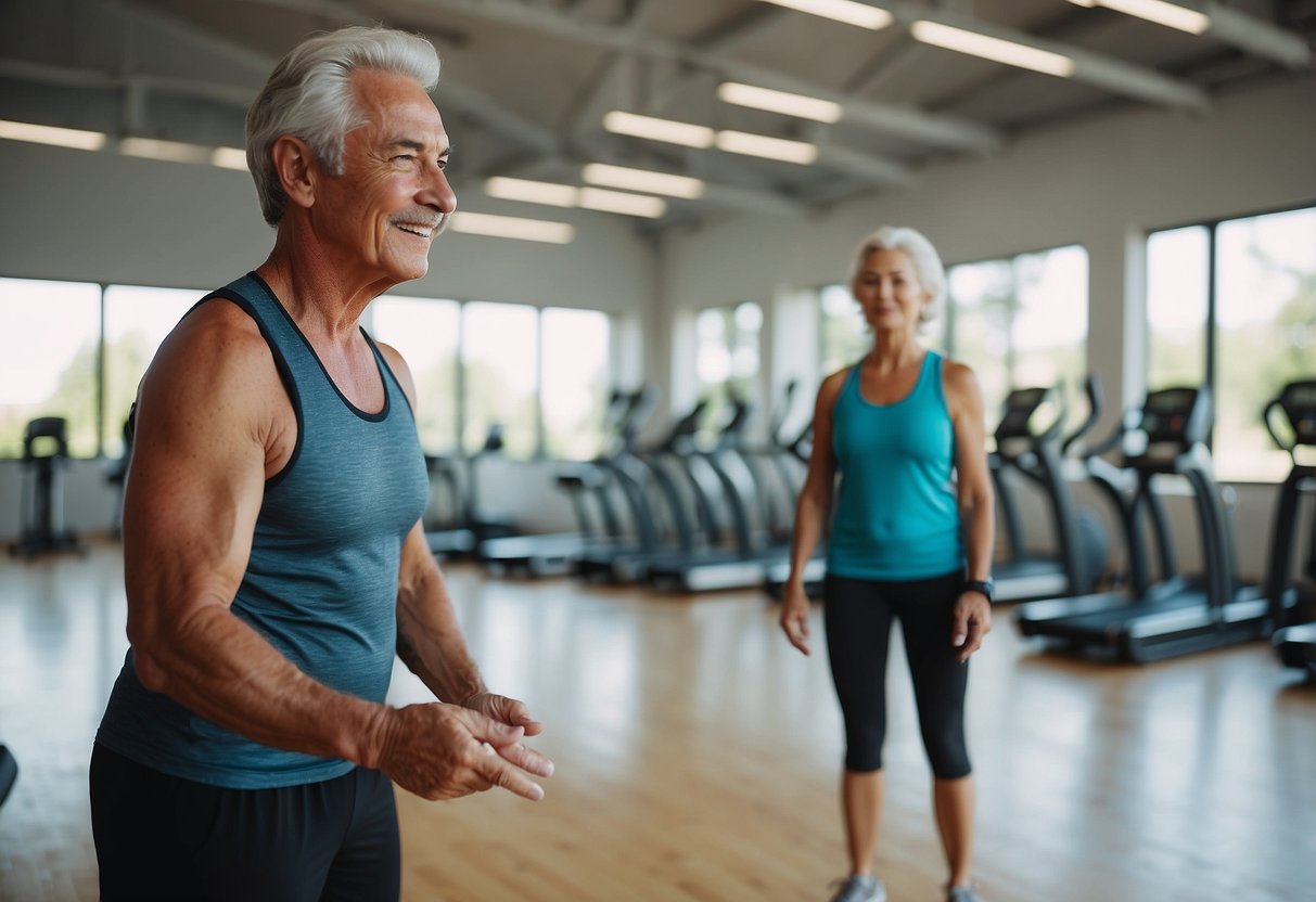 A senior stands in a bright, spacious gym, surrounded by exercise equipment. They are performing isometric exercises, with a trainer nearby monitoring their progress and making adjustments to their routine