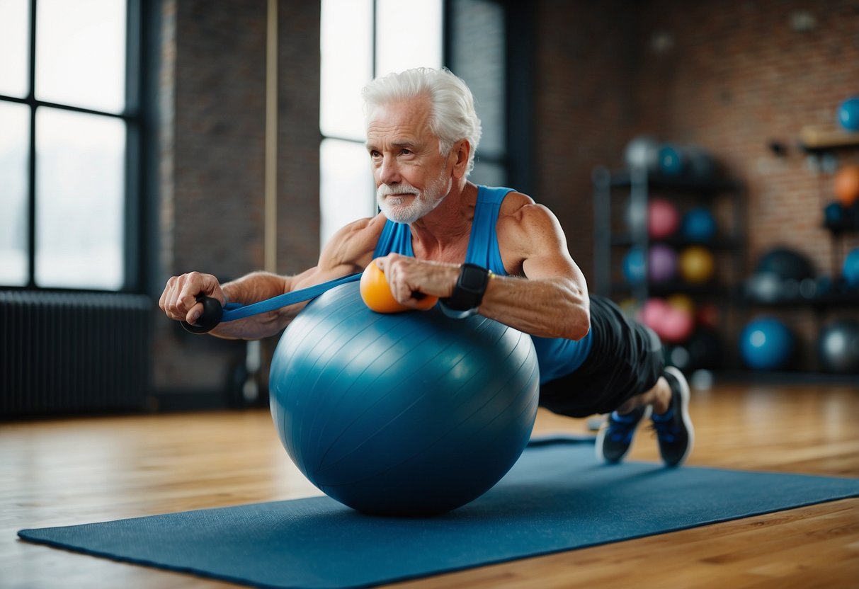 A senior exercising with isometric holds using resistance bands and a stability ball, with a focus on proper form and controlled breathing