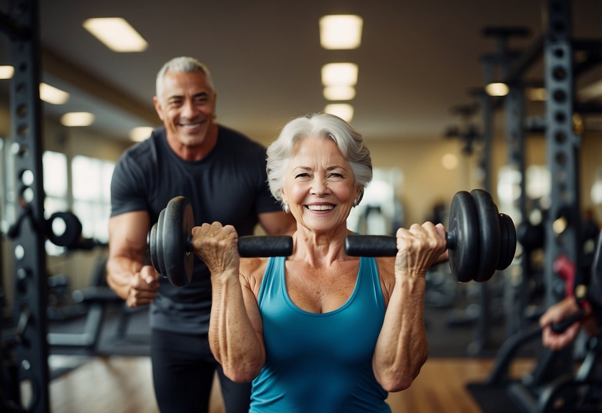 A senior in a gym, using resistance bands and dumbbells for isometric exercises, with a trainer guiding them through the routine