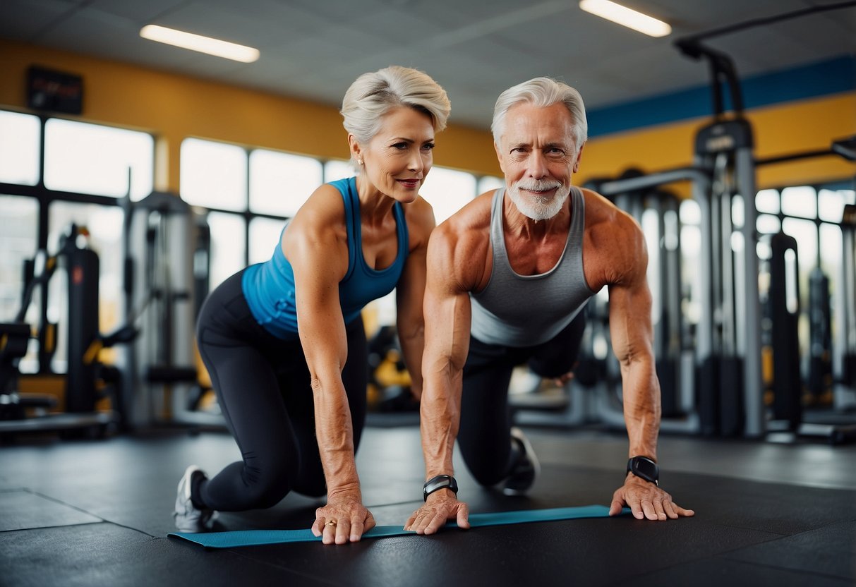 A senior in a gym using resistance bands for isometric exercises, with a trainer guiding and monitoring their form