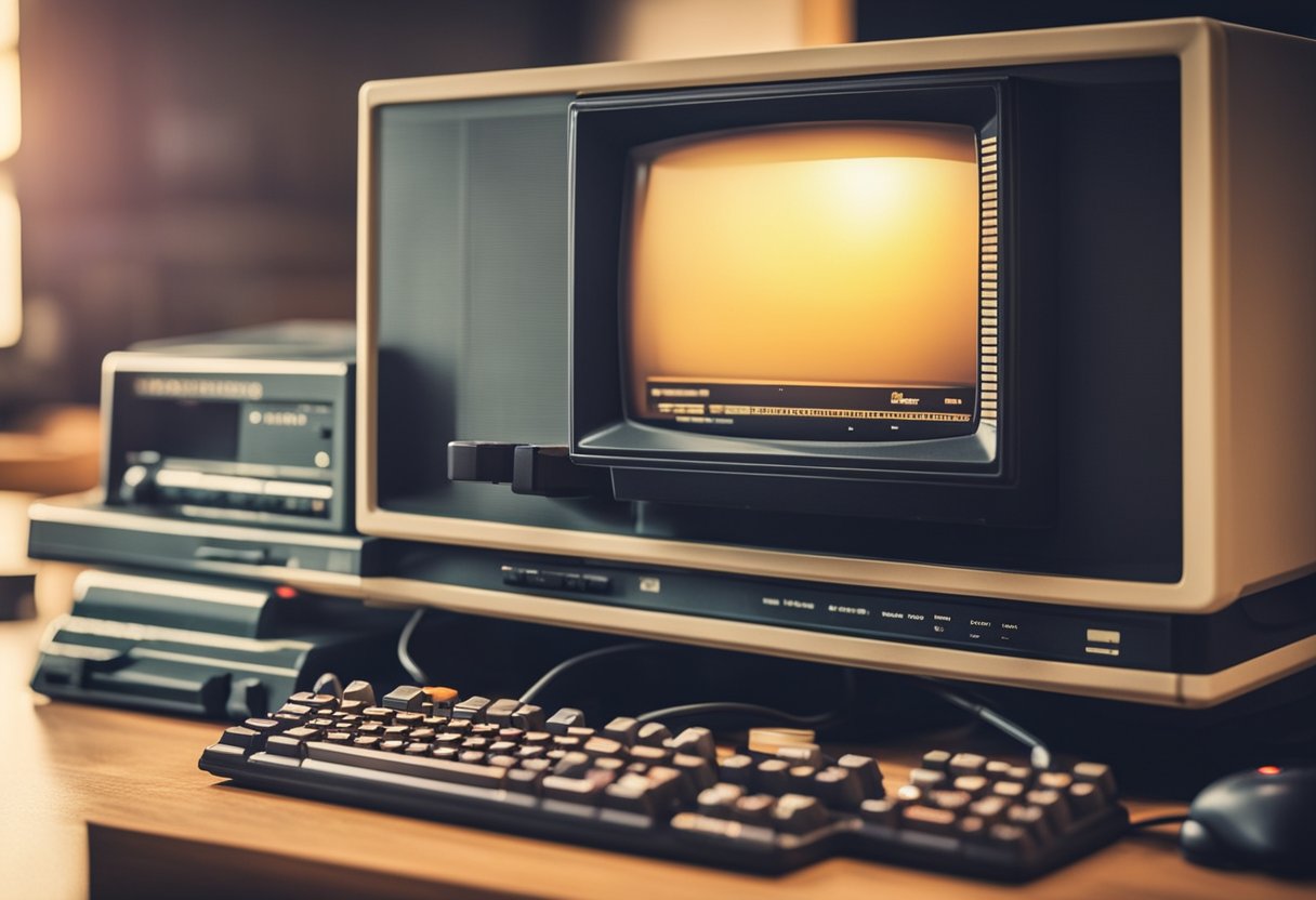 Retro computer games displayed on a screen, with joystick and keyboard nearby. Nostalgic posters and memorabilia decorate the room