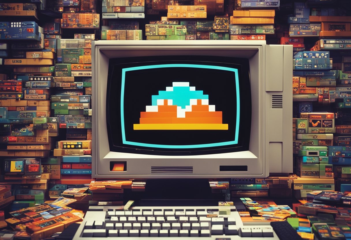 A computer monitor displaying classic DOS games, with colorful graphics and pixelated characters, surrounded by vintage game controllers and floppy disks