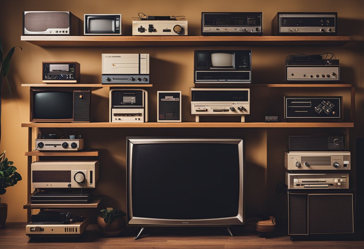 A cozy living room with a vintage TV and various classic gaming consoles neatly arranged on a shelf. The room is bathed in warm, nostalgic light, and the consoles are surrounded by retro game cartridges and controllers