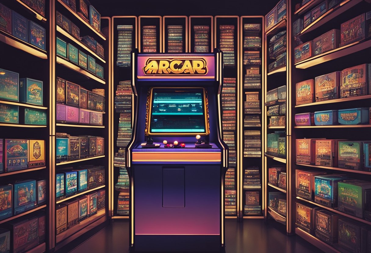 A vintage arcade cabinet stands illuminated in a dimly lit room, surrounded by shelves of retro game cartridges and consoles. The glow of the screen reflects off the polished surface, evoking a sense of nostalgia and excitement for classic gaming