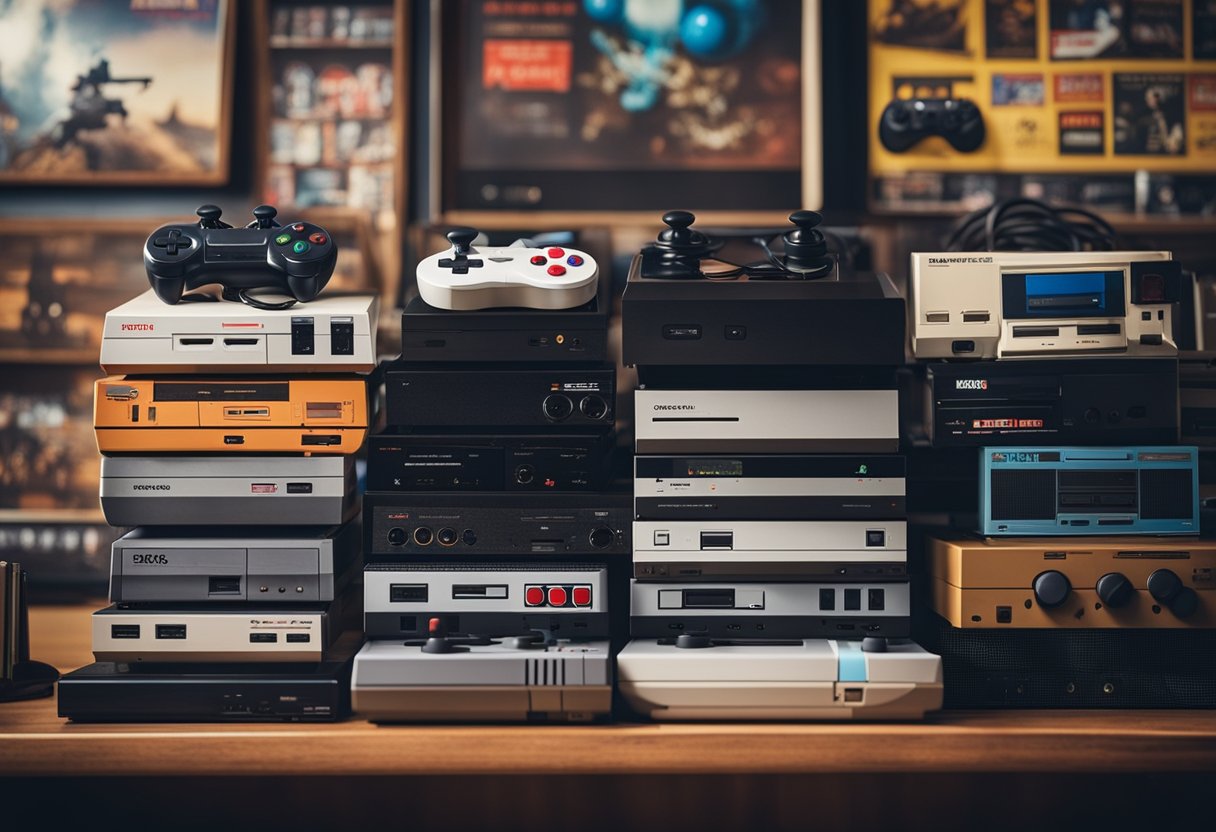 A stack of retro game consoles and controllers arranged on a shelf, surrounded by vintage gaming posters and memorabilia