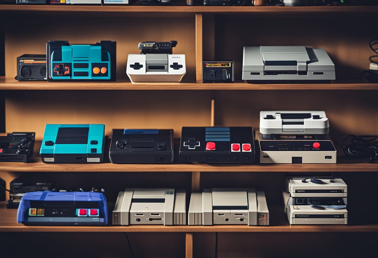 A collection of classic gaming consoles and handheld devices displayed on a shelf, with colorful game cartridges and controllers neatly arranged nearby