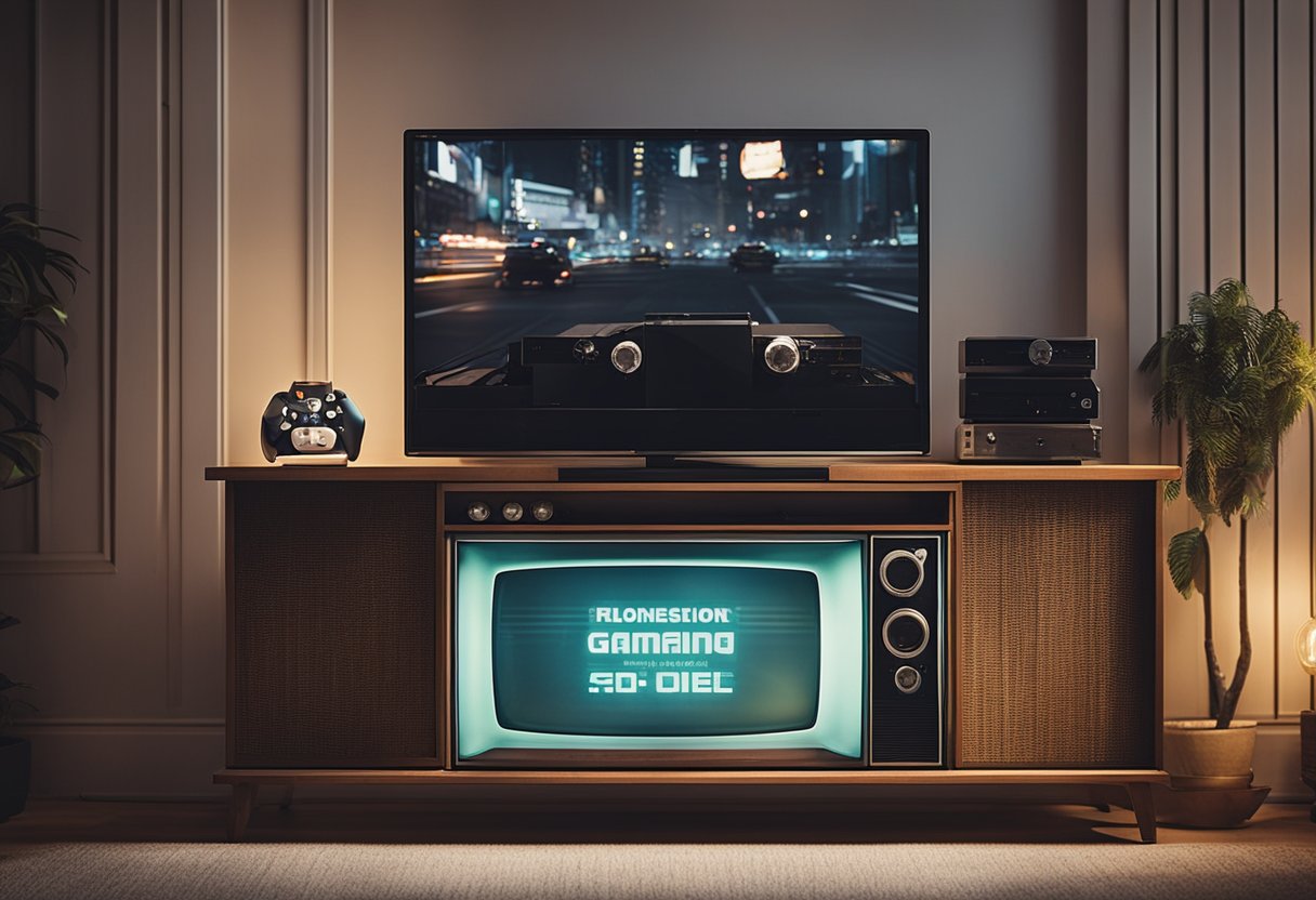 A cozy living room with a vintage TV and various classic gaming consoles set up on a shelf. Soft lighting and comfortable seating create a welcoming atmosphere for nostalgic gaming sessions