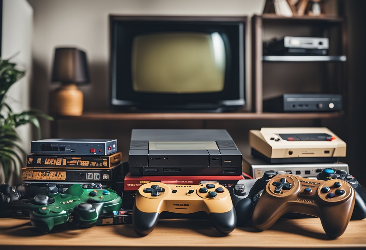 A collection of vintage game consoles and controllers arranged on a shelf, with a TV displaying classic game titles in the background