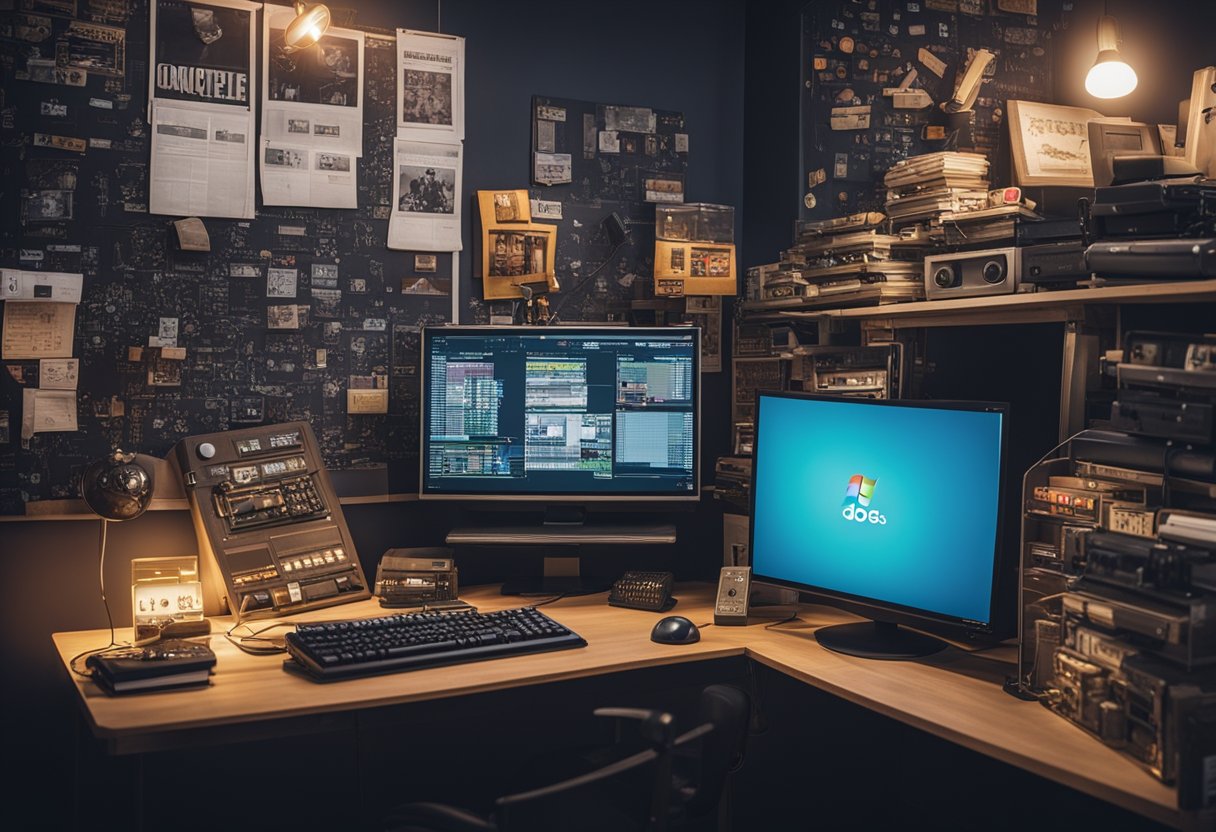 A cluttered desk with a vintage computer, game cartridges, and design sketches. Posters of iconic DOS games adorn the walls