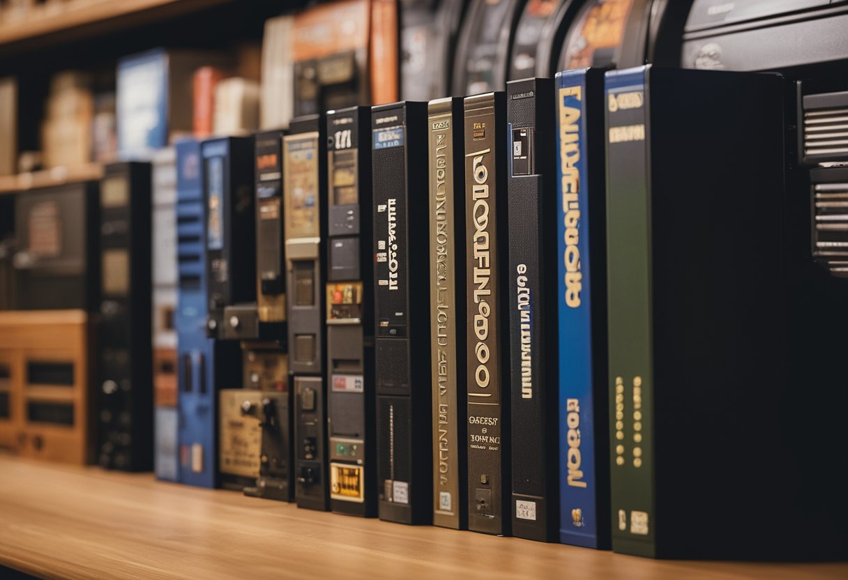 A collection of iconic DOS games, including DOOM and Oregon Trail, displayed on a shelf in a dimly lit room, surrounded by vintage computer equipment