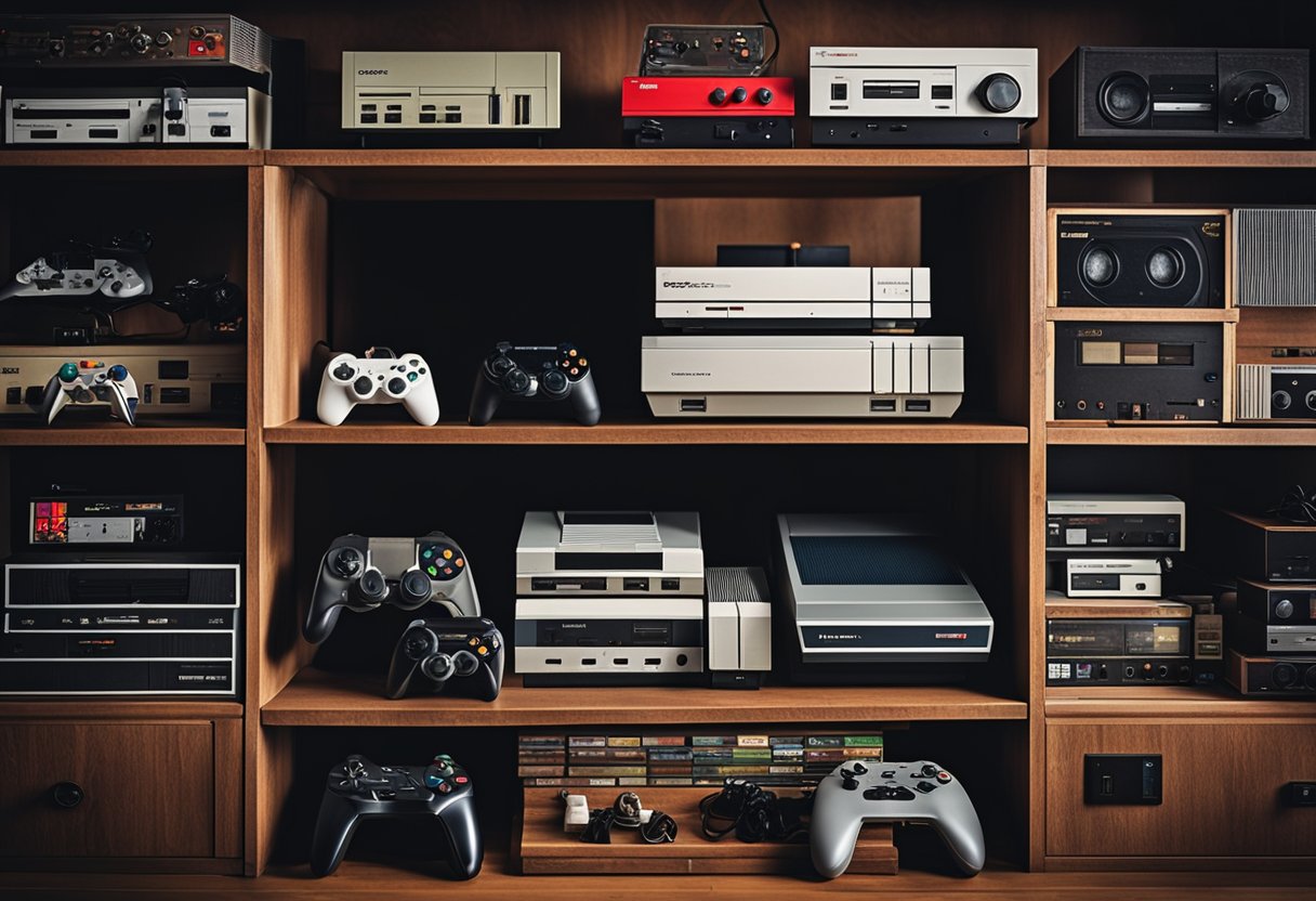 A collection of vintage gaming consoles and controllers, surrounded by iconic game titles, displayed on a shelf