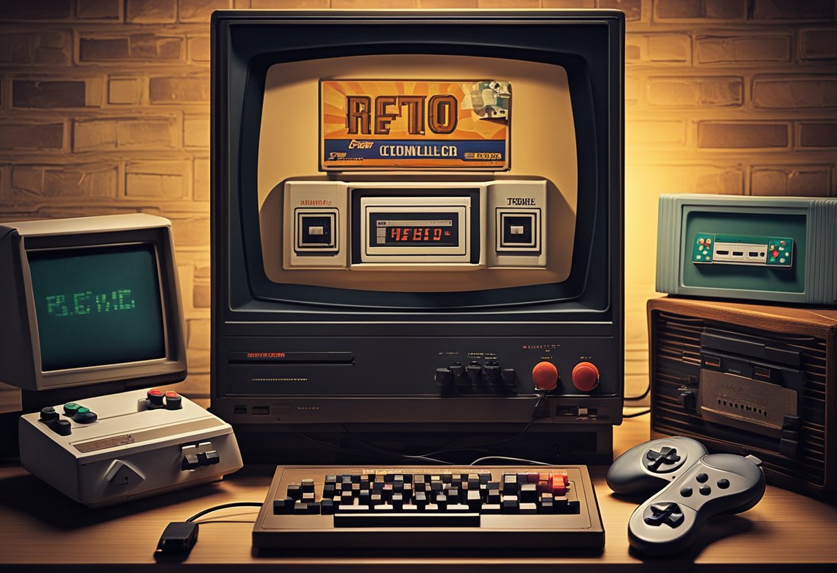 A collection of retro game titles displayed on a computer screen, with a vintage controller resting nearby. The room is dimly lit, creating a nostalgic atmosphere