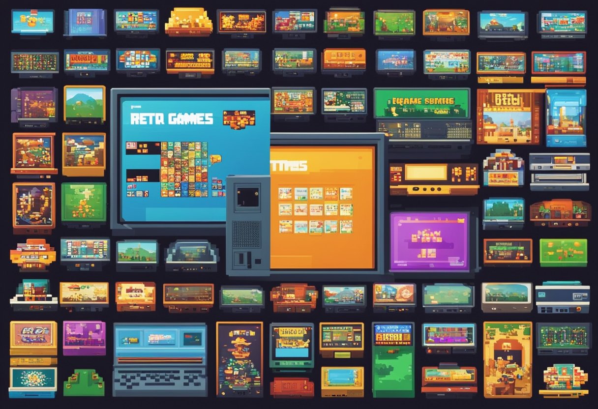 A collection of classic retro games displayed on a computer screen, with colorful and pixelated graphics representing iconic titles from the past