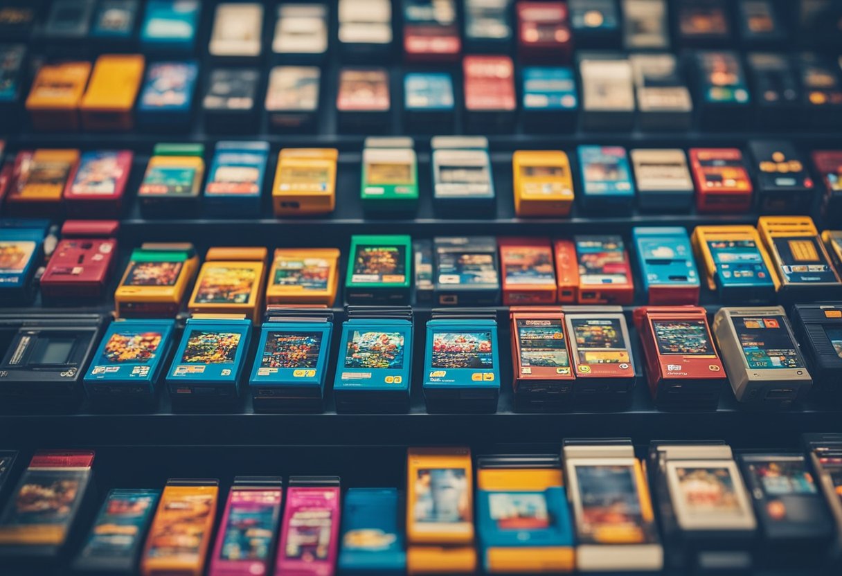 A collection of vintage game cartridges and consoles, arranged on a sleek, futuristic display. Bright, colorful pixels and iconic characters bring the nostalgia of retro gaming to life