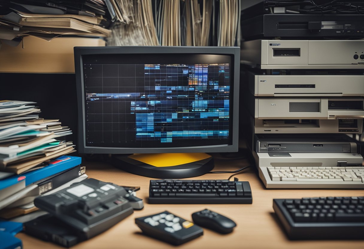 A cluttered desk with a bulky monitor displaying pixelated graphics. Floppy disks and game cartridges scattered around. Old computer manuals and a joystick on the table