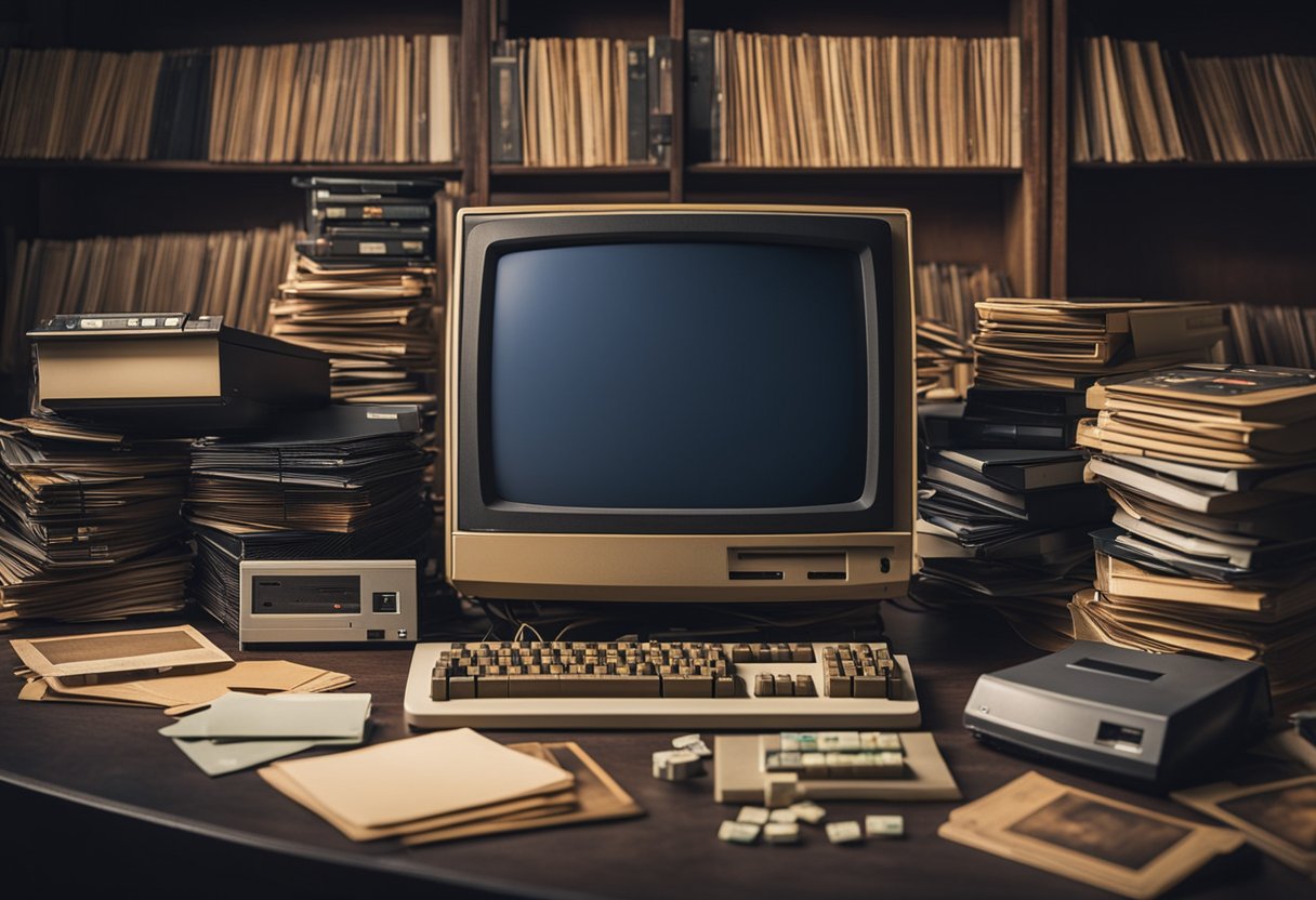 A cluttered desk with a vintage computer, floppy disks, and game boxes. A warm, nostalgic glow emanates from the screen, capturing the essence of classic gaming