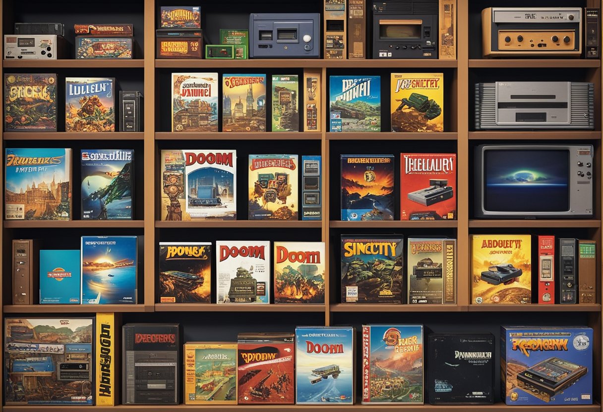 A collection of vintage computer games is displayed on a shelf, with titles like "Doom" and "SimCity" prominently featured. The games are surrounded by nostalgic memorabilia, creating a sense of longing for the classic gaming era