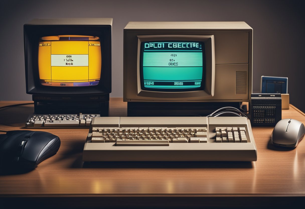 A vintage computer desk with a CRT monitor, keyboard, and mouse. A stack of floppy disks and a game manual sit nearby. The screen displays a pixelated DOS game title screen