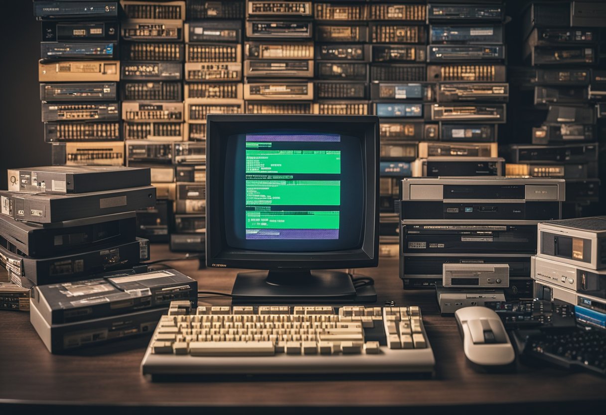 A desktop computer with a keyboard and mouse, surrounded by vintage game boxes and floppy disks. The screen displays a classic DOS game loading up, with pixelated graphics and retro sound effects