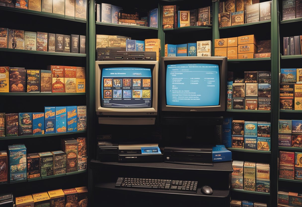 A computer monitor displaying classic DOS games with a stack of vintage game boxes nearby. A digital storefront and library interface is open on the screen