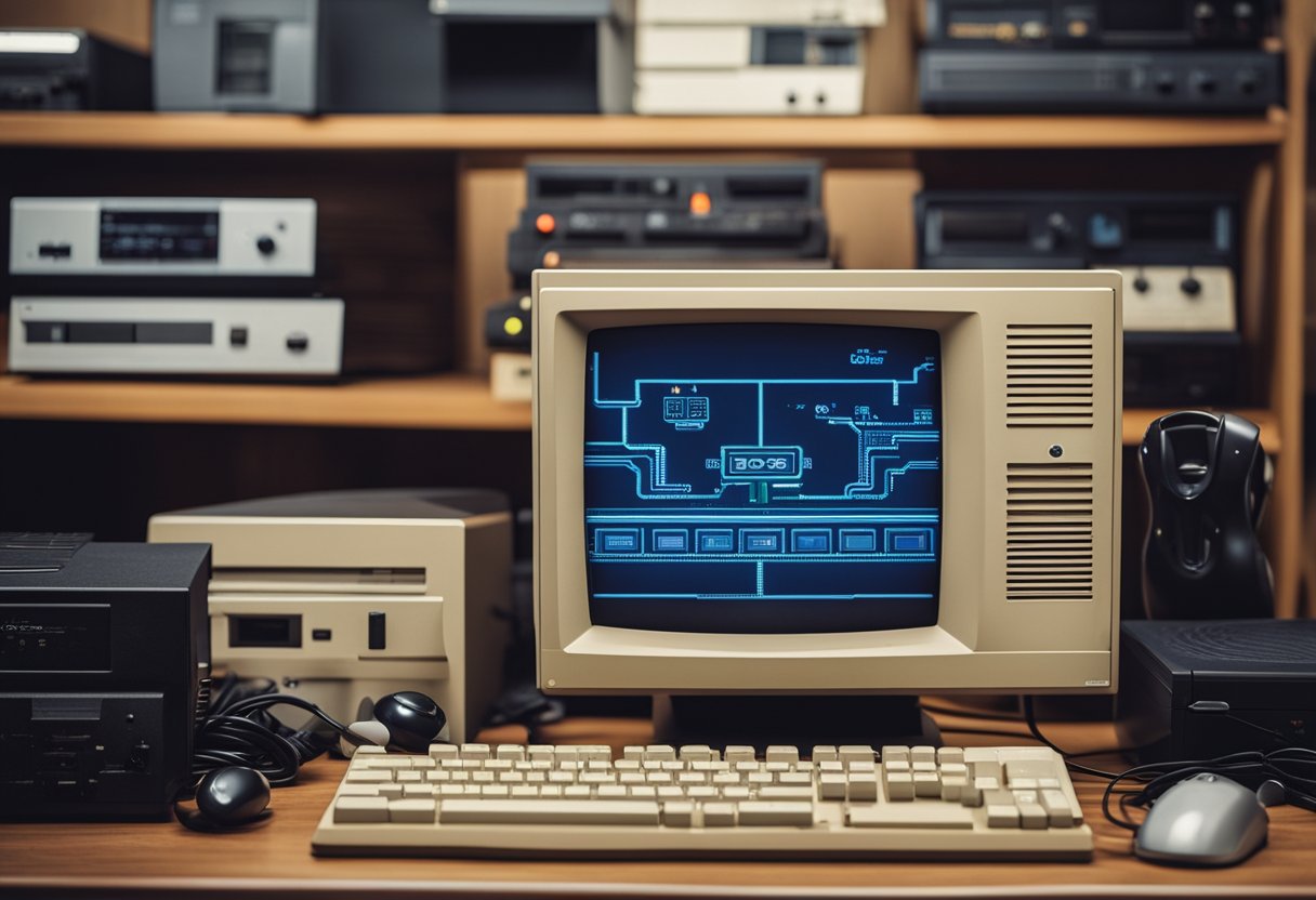 A vintage computer monitor displays classic DOS games, surrounded by retro gaming peripherals and memorabilia