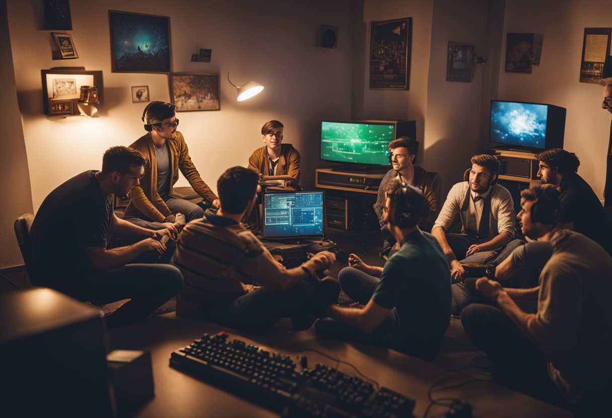 A group of gamers gathered around a vintage PC, immersed in playing classic DOS games. The room is filled with excitement and nostalgia as they rediscover the golden age of PC gaming