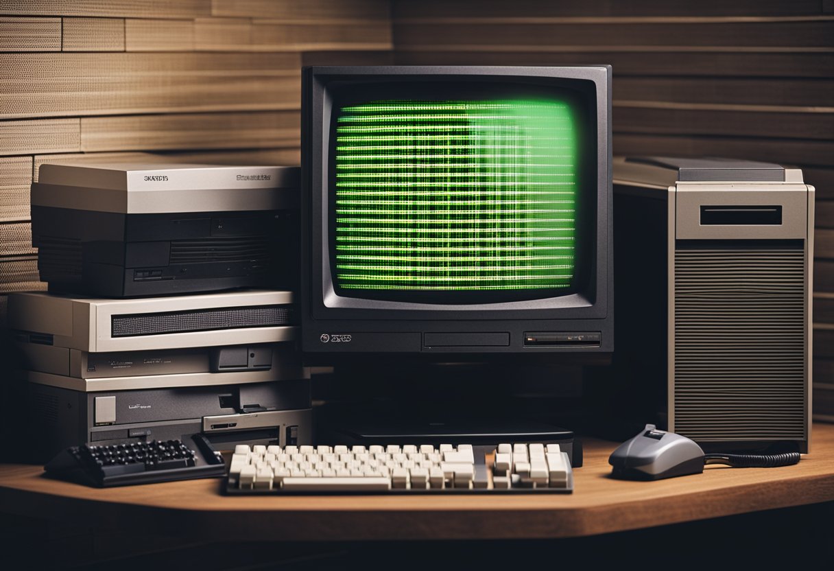 A vintage computer monitor displays a pixelated DOS game. A joystick rests on the desk next to a stack of floppy disks and a retro gaming magazine