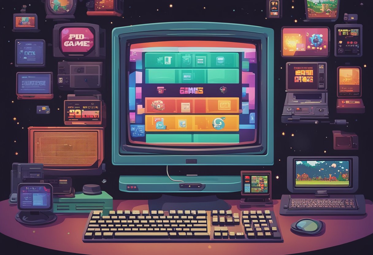 A computer screen displaying the top 5 online platforms for retro PC games, with colorful game icons and nostalgic graphics