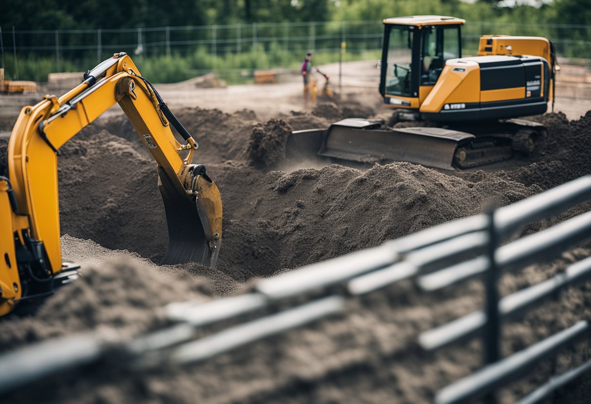 Excavator digging hole, workers laying rebar, pouring concrete, and smoothing surface. Fence and equipment surrounding site