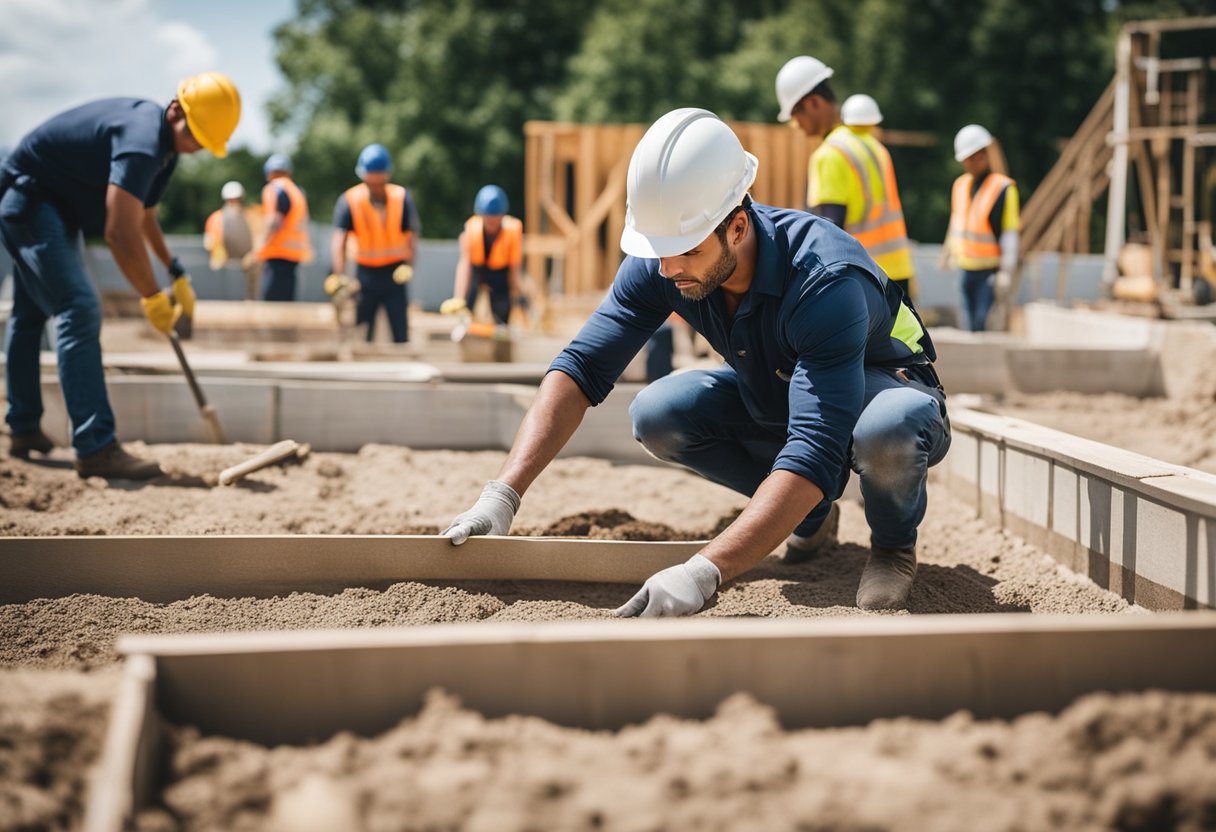 A construction site with workers laying out the pool's foundation, measuring and leveling the ground, and arranging materials for the inground pool